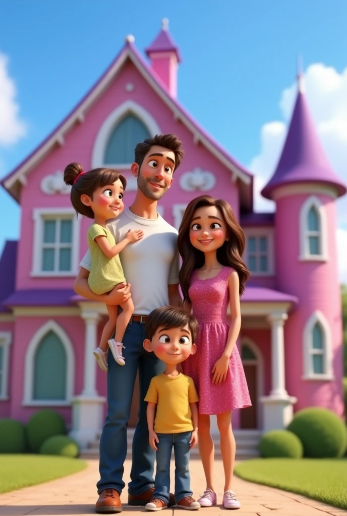 Disney Pixar movie poster in front of a house under a clear blue sky. shows the white family. His father is the tallest,. The mother has brown eyes and shoulder-length hair. one beautiful 4 girl is being held by her father on the left and two boys are standing in front of her. The house in the background is pink with white accents and a purple roof, giving it a magical feel. The setting looks like a sunny day with a few clouds in the sky, depicting a cheerful and carefree atmosphere. 3D Rendering