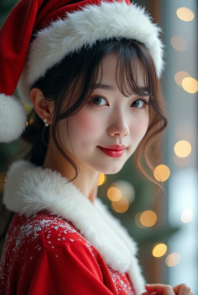 A japanese woman in santa claus costume, smile,beautiful detailed eyes, droppy eyes,beautiful detailed lips, extremely detailed face and hair, long eyelashes, intricate detailed fabric textures, santa hat, christmas lights, snowy winter background, (best quality,4k,8k,highres,masterpiece:1.2),ultra-detailed,(realistic,photorealistic,photo-realistic:2.0),vibrant colors,cinematic lighting,soft bokeh