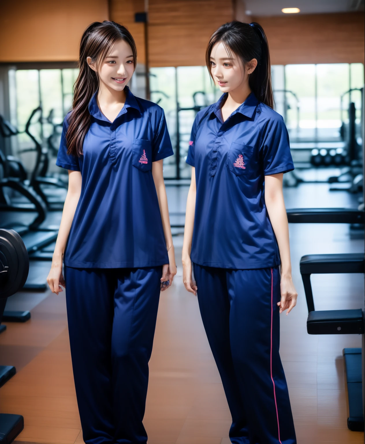 2 girls in the fitness center, Navy blue short-sleeved shirt,Navy Long Trackpant,Sweatpants, Sweatpantsขายาว,25 year old girl, lesbian, sexy, exercise clothes, wet body, exercise clothes, Gym Wear