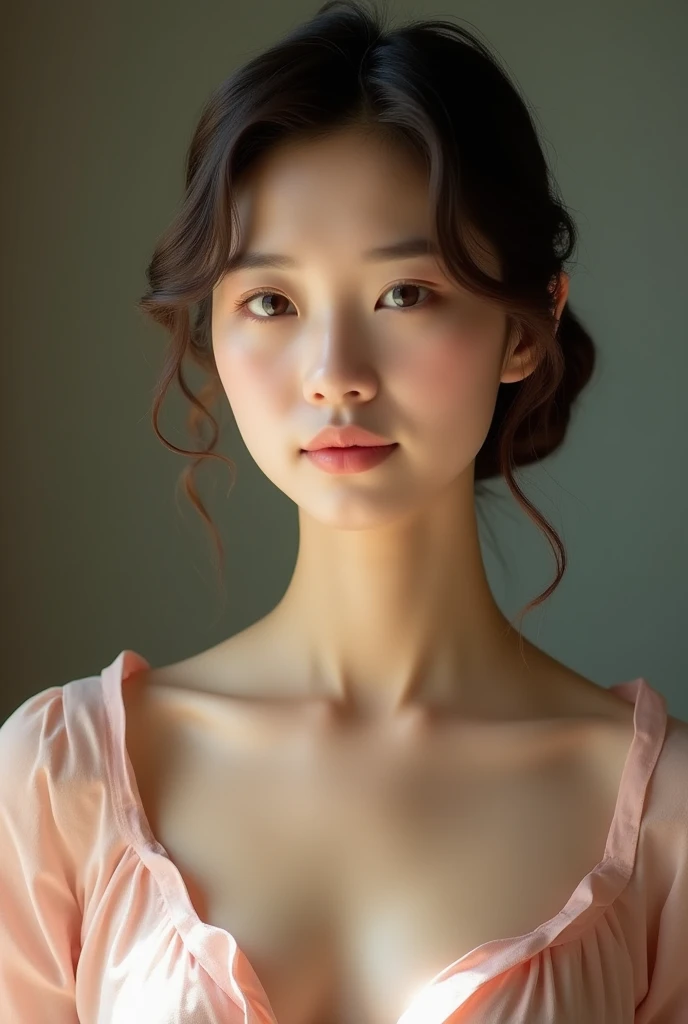 An elegantly dressed Japanese woman in natural light、A close-up of her chest and calm expression.、It shows her inner peace and outer charm.。