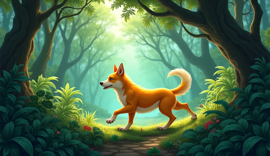 Yellow-orange and white dog walikum in the jungle alone
