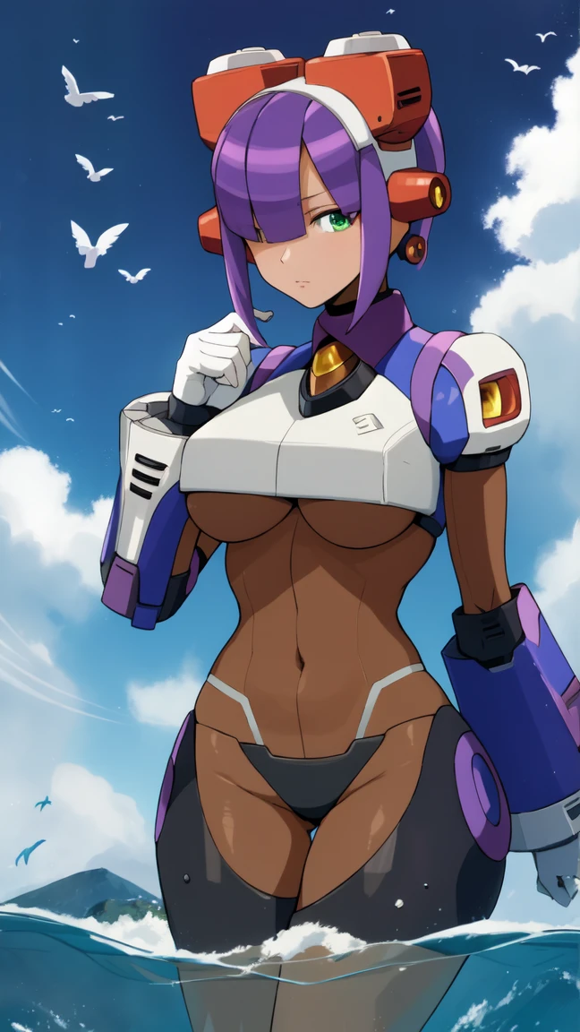 layer_megamanx, 1girl, solo, short hair, purple hair, green eyes, blunt bangs, hair over eyes, large breasts, dark skin, dark-skinned female, android, underboob, robot ears, high quality, masterpiece, surrounded by water and a small moon, in the style of vivid energy explosions, anime art, dark palette, sharp and angular, dragon art, 8k, whirring contrivances