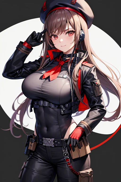 Rapi (NIKKE), Belt Pouches, Brown hair, Black hat, red ascot, beret, light smile, closed mouth, looking at the viewer, choker, gloves, ascot, Red gloves, (uniform), (bulletproof vest), utility belt, (cargo pants), black pants, Black boots, solo, long hair, (simple black background), cowboy shot, red eyes, huge breasts, (muscular body), long sleeves, (headset mic), radio