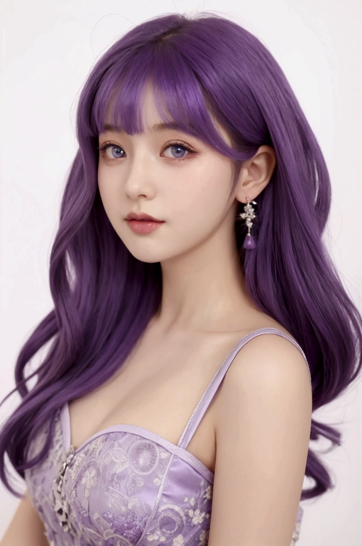 Purple hair girl with a pretty eyes wearing cute dress .