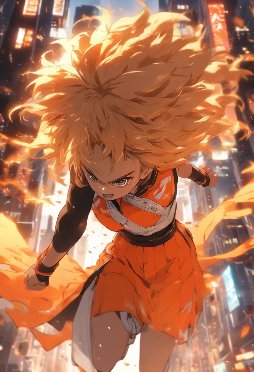 orange, white and black dress、bionde、Shortcuts、Curly hair、Spirit、ambition、Raise your fist、Intimidation、Blow away、roar、Martial Woman、Highest quality、Collapsed cityscape、night、Orange stole fluttering in the wind、Orange, white and black outfit、full power