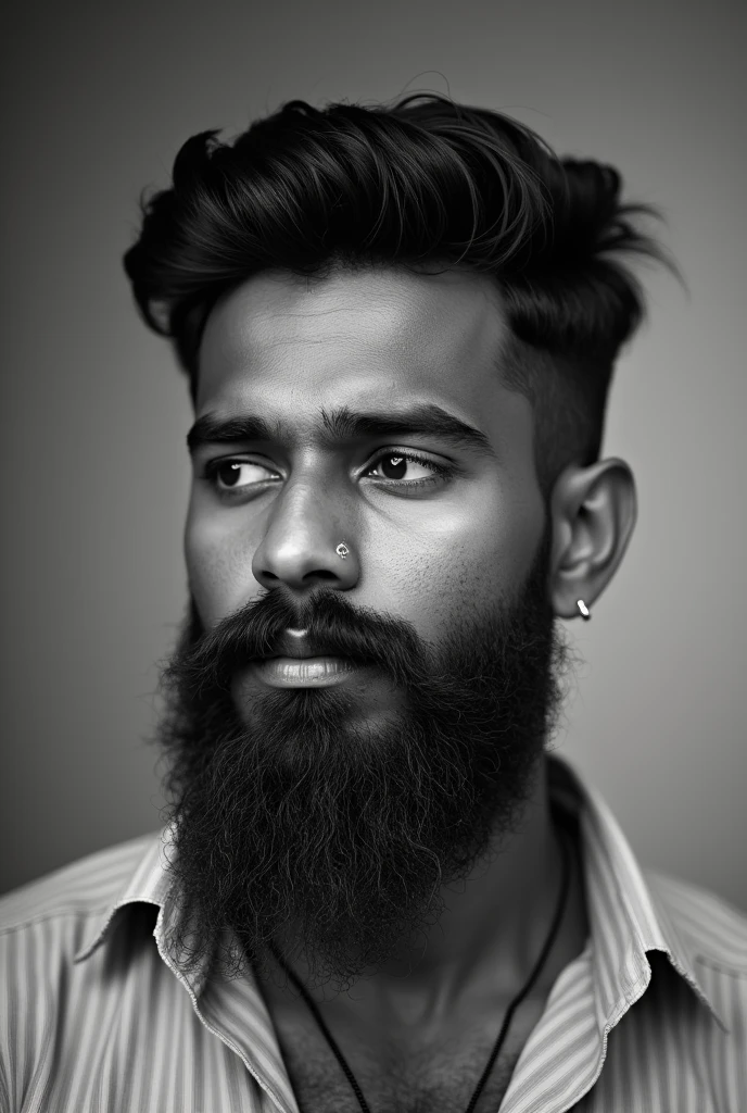 Kerala man with good hairstyles and long beard in black and white with shirt