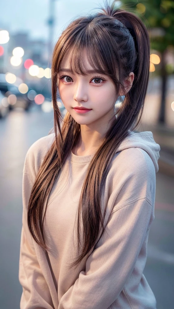 blush,14 years old,small breasts,winter,european cityscape,night,long hair ponytail,outdoors,Warm winter clothes,wearing a hoodie with a hood,close up of face,((8k, Raw photo, best quality, muste piece:1.2), (Reality, photorealistic:1.4), (Highly detailed 8k wallpaper), Depth of the bounds written, cinematic lighting, soft light, detailed beauty eye,Shiny and smooth light brown ponytail, asymmetrical bangs, shiny skin, super detailed skin ,high resolution, high detail, detailed hairstyle, detailed beauty face, hyper real, perfect limbs, perfect anatomy ,1 Japanese girl,famous japanese idol, perfect female body,shy smile,short eyelashes,double-edged eyelids,look straight here,Hair style is ponytail,