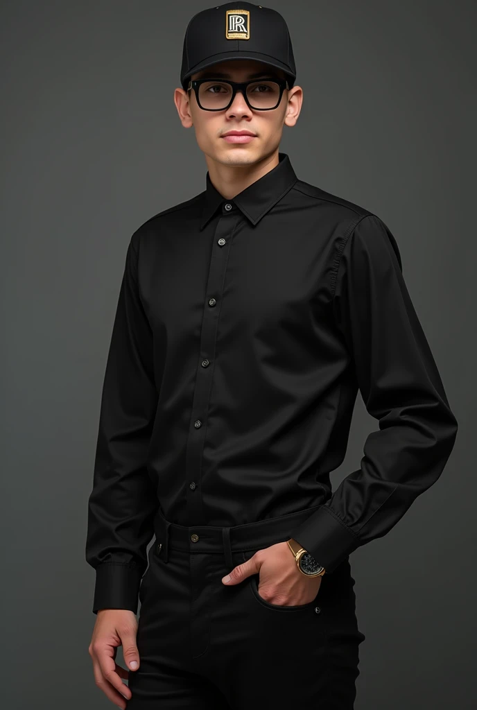 rolls royce best digain and handsome man age 16 year Black shirt pants cap black glasses