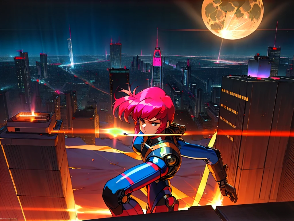 Kenichi Sonoda, retro art-style, bubblegum crisis, Sci-fi, Cyberpunk, Neon, Dystopia, Crash and Burn, (On a full moon night, on the rooftop of a high-rise building, a figure is seen wearing a metal hard suit that covers the whole body from head to toe. It is made up of curved surfaces that give it a feminine bodyline.), 1girl, solo, 18yo, Cool beauty, fearless look, fighting stance, attack, punching at viewer, Depth of field, sharp focus, (masterpiece, anime key-visual, official art, work of art, Award-winning work, extreme quality, ultra high definition, all intricate, overall detailed, finely detailed, super detailed, very aesthetic, boast pompously, focus on entire screen, asymmetrical, raytraced, caustics, textile shading, incredibly absurd resolution, absolutely resolution, ultra high resolution, professional, vivid colors, perfect anatomy, ideal facial features, beautiful detailed face, ideally proportioned figure, perfectly beautiful body),