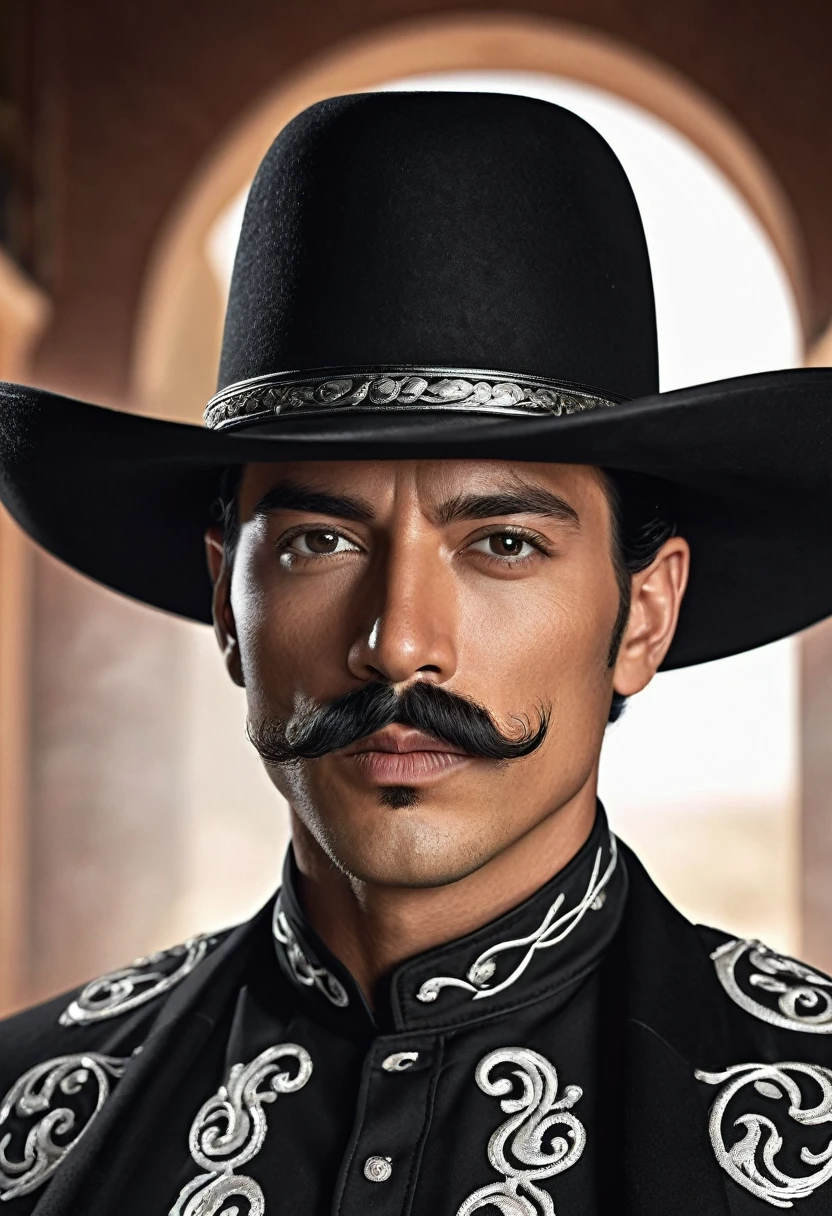 1 man, tan skin, black hair, tapered slick back hairstyle, black charro outfit with white color accents, curly handlebar mustache, black cowboy hat, extremely detailed face and eyes, highly detailed, portrait, photo-realistic, hyperrealistic, dramatic lighting, cinematic, epic, masterpiece