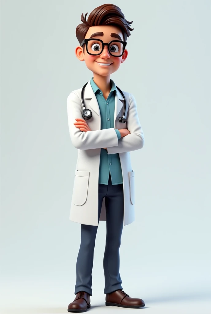 Create a 3D realistic character of a young male doctor with glasses. He is standing tall and confidently, exuding a friendly and cheerful demeanor. The doctor is wearing a white coat with a stethoscope around his neck. His expression is warm and welcoming, as if he is greeting or addressing someone with a smile
