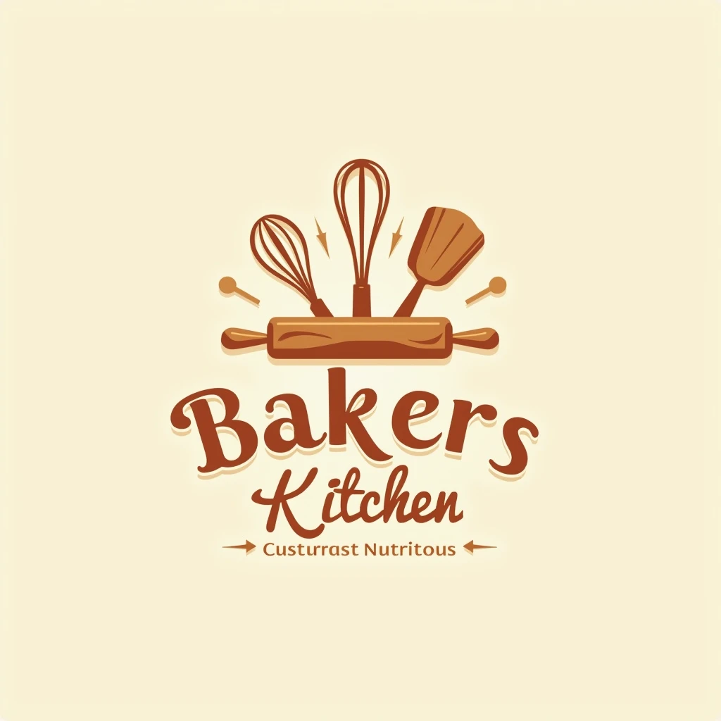 "Design a warm and inviting logo for Bakers Kitchen, incorporating elements like a whisk and rolling pin. Use soft, inviting colors for an inviting feel and include the slogan 'Tasty and Nutritious' in a friendly font."
