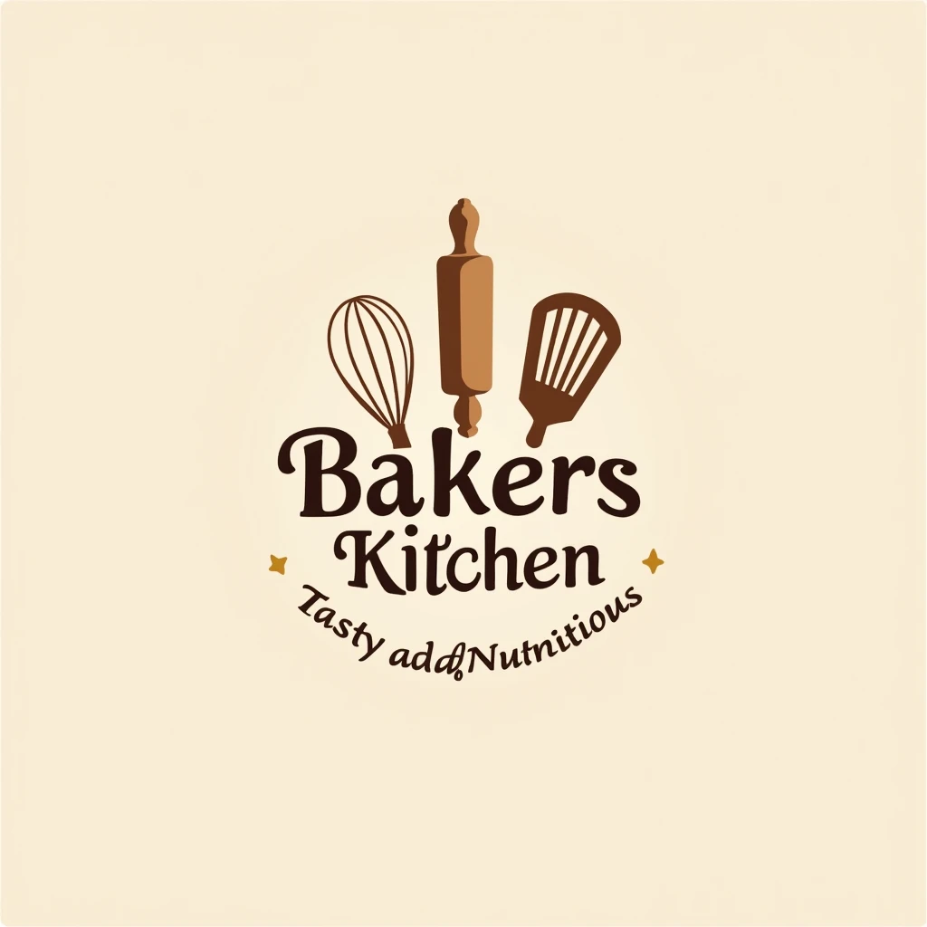 "Design a warm and inviting logo for Bakers Kitchen, incorporating elements like a whisk and rolling pin. Use soft, inviting colors for an inviting feel and include the slogan 'Tasty and Nutritious' in a friendly font."