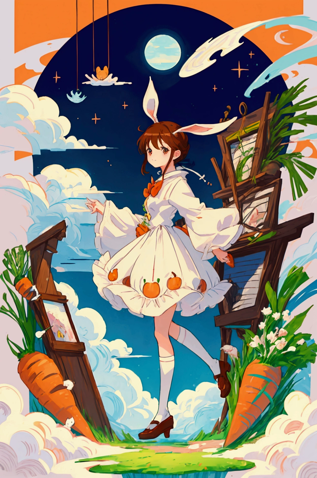 Anime illustration、masterpiece、high quality、rabbit、White Rabbit、灰色rabbit、Carrot field、Lots of rabbits、Carrot fieldにパクパク食べる、Summer Entrance Cloud、Watering the plants with a sprinkler、Sparkling、The girls are having fun、Brown Hair、Aoime、Black eyelashes、Accurate limbs、Fingers too5Book by book、Illustrator's work、Exhibition Award-winning Works、Colour is a unique sensation、