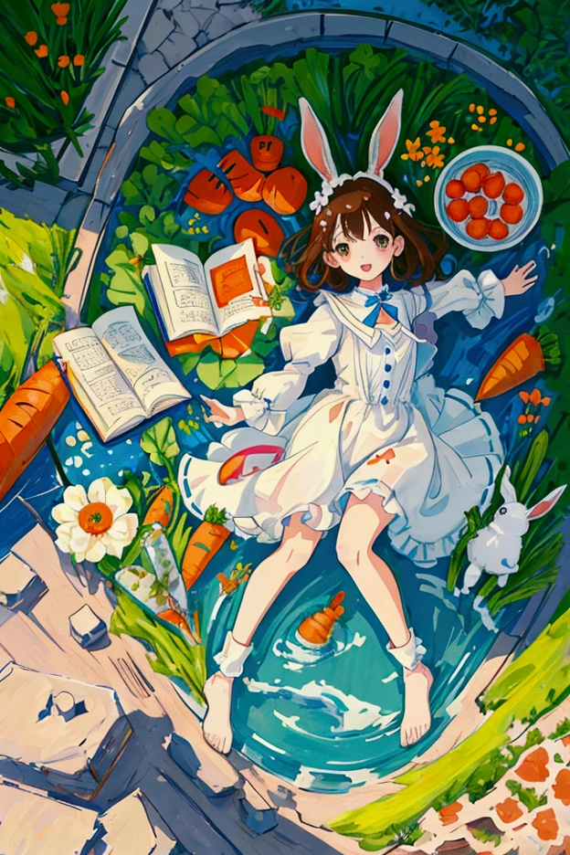 Anime illustration、masterpiece、high quality、rabbit、White Rabbit、灰色rabbit、Carrot field、Lots of rabbits、Carrot fieldにパクパク食べる、Summer Entrance Cloud、Watering the plants with a sprinkler、Sparkling、The girls are having fun、Brown Hair、Aoime、Black eyelashes、Accurate limbs、Fingers too５Book by book、Illustrator&#39;s work、Exhibition Award-winning Works、Colour is a unique sensation、