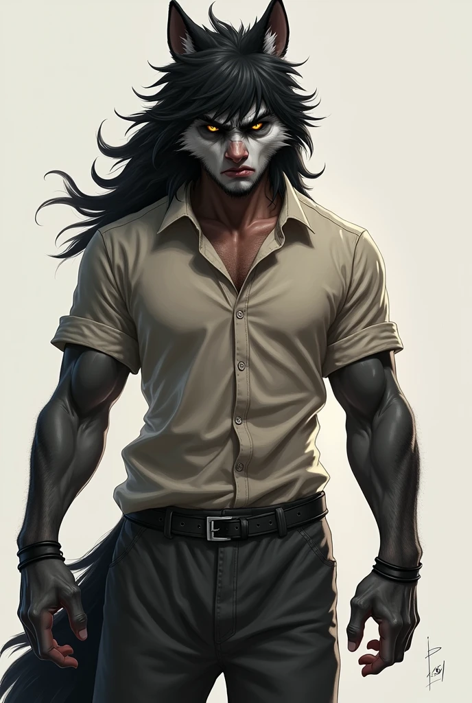 A fusion of a werewolf with the character of the chainsaw man. alta qualidade, sem defeitos, qualidade absurdamente alta, capacete maneiro, elmo maneiro, olhos de lobo, ajustar olhos, ajustar mamilos, adjust the position of students, aumentar a qualidade dos olhos, aumentar a pelagem, adjust the position of the eyes, olhando com um tom intimidador.