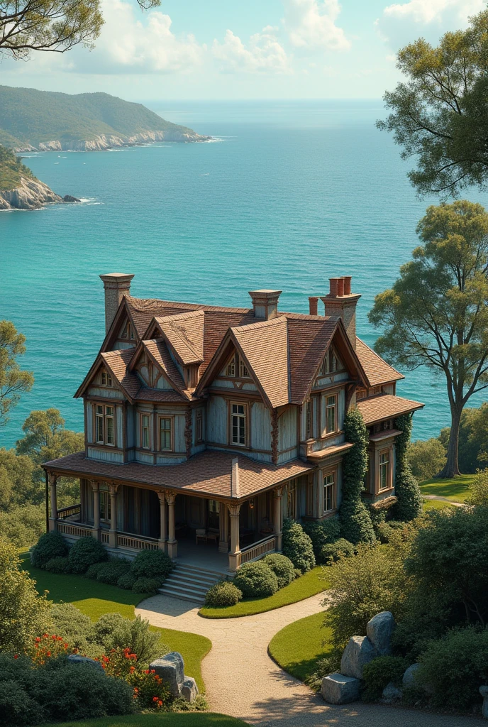 A house with old-fashioned architectural style and sea view