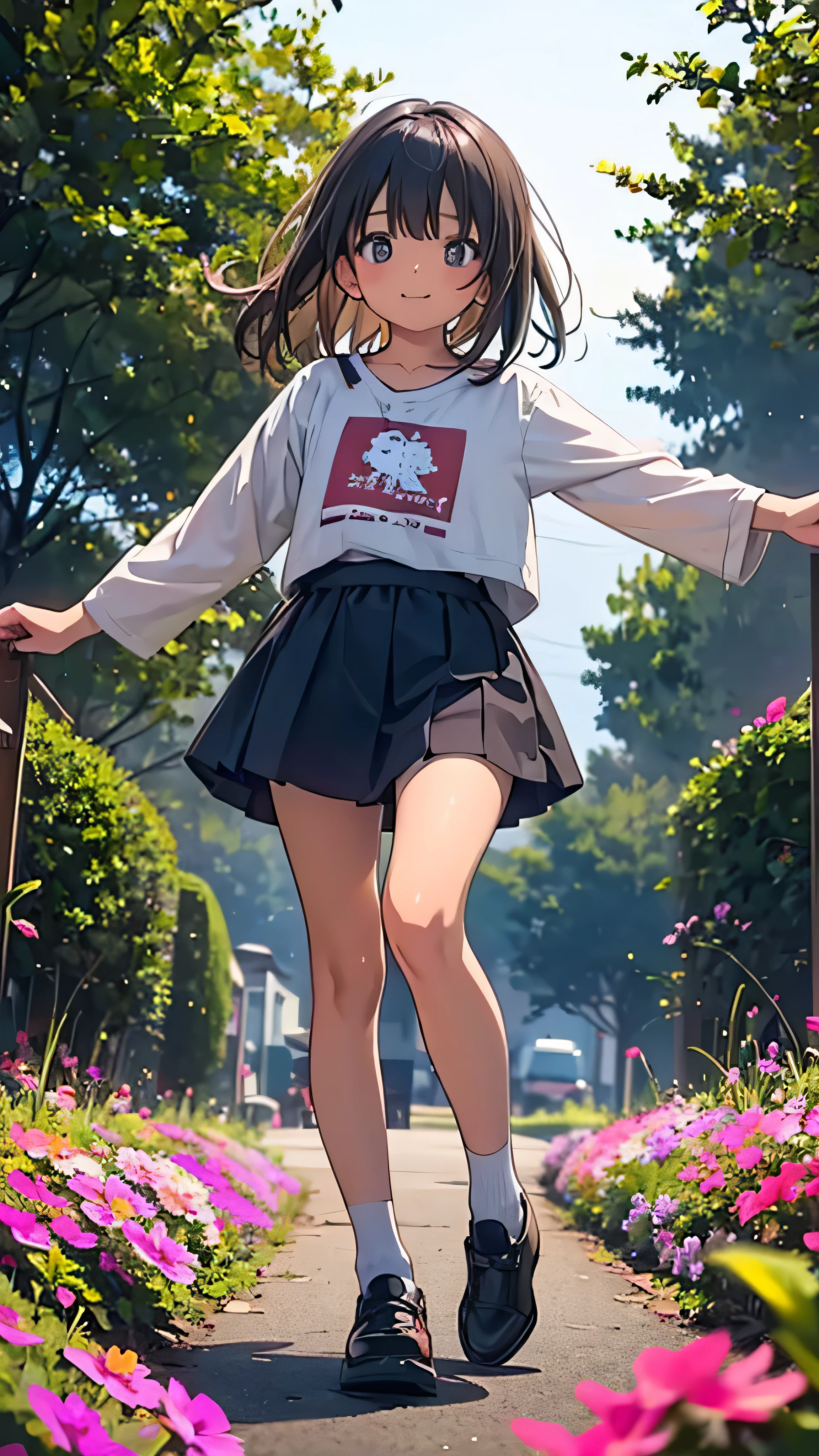 Official Art, wallpaper, Very detailed, (((Very detailed))), Realistic portraits, (high quality, masterpiece, High resolution), (High resolutionスキン: 1.2) , 8K  UHD, Soft Light, high quality, Volumetric Light, There is a woman, surrounded by colorful flowers, Flower Field, female portrait With flowers, Soft and fantastic lighting, Beautiful young dark-haired woman, Fantastic and dreamy, 4K, 8k, Background Blur, smile, 10 years old, Dynamic Angle, Angle from below, Dynamic pose, Wide angle, Aperture value F1.2, Anatomically correct, low angle, Full body photo, short stature