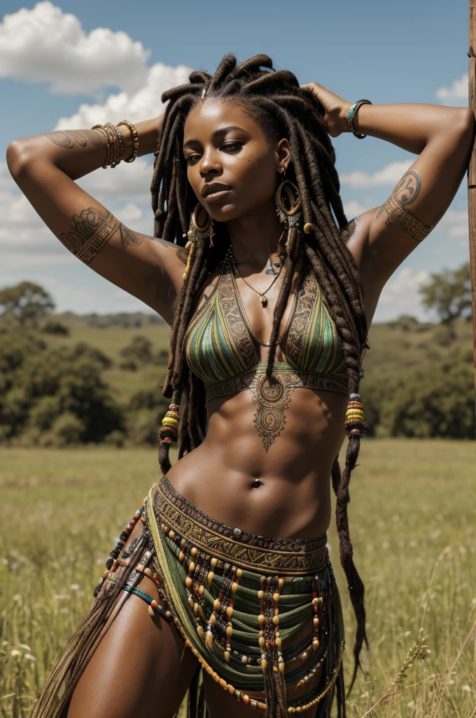 a woman with dreadlocks and tattoos posing in a field, dreadlocks with beads, stunning african princess, she has olive brown skin, dreadlock black hair, gorgeous woman, intricate facial features, midriff