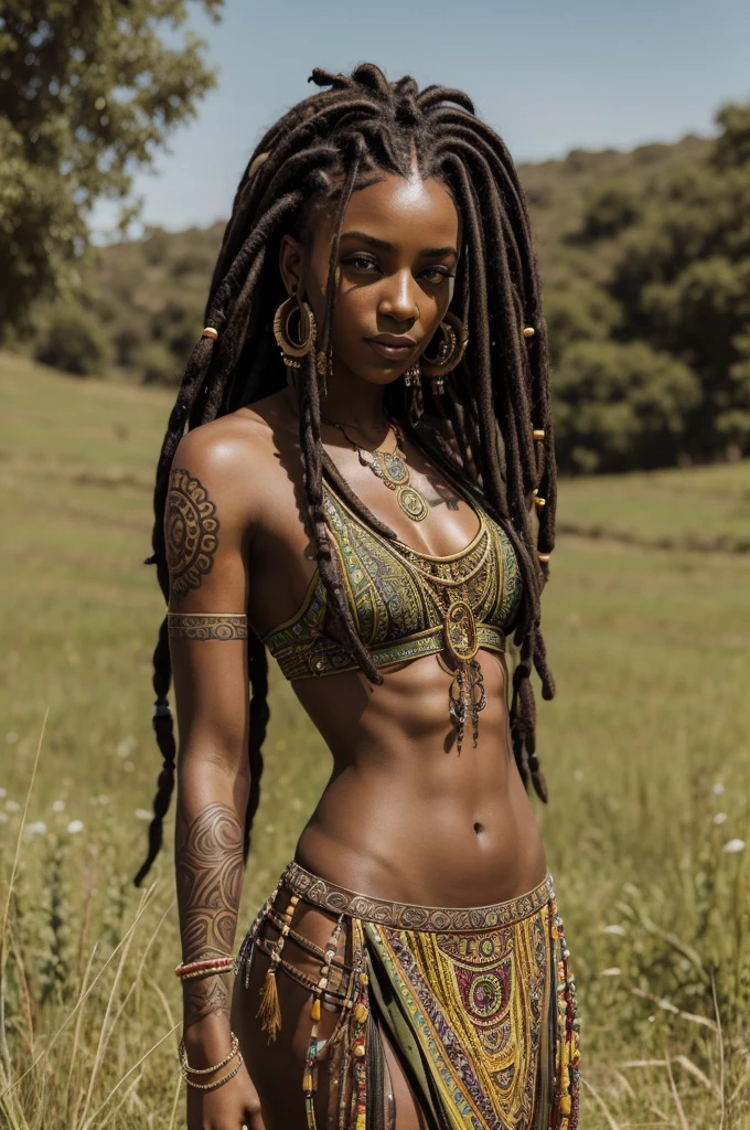 a woman with dreadlocks and tattoos posing in a field, dreadlocks with beads, stunning african princess,  she has olive brown skin, dreadlock black hair, gorgeous woman, intricate facial features, midriff