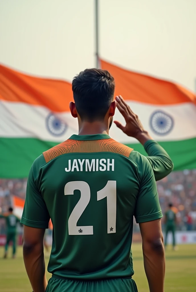 Indipendent day photo with salute to indian flag man back side jersey name is jaymish 21
