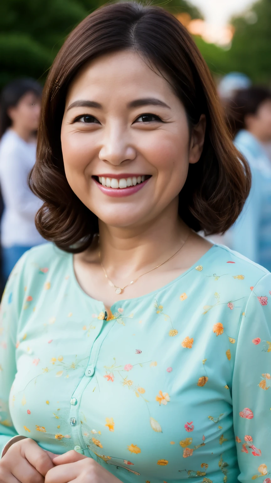 最high quality, In 8K, whole body, Real, Upper Body, high quality, High resolution, Detailed face, Detailed eyes, Thick lips, (Look at the viewers), alone, Middle-aged women, , 60 years old, , Wavy Hair, , Wearing short sleeves, Standing in front of a fountain, Wrinkles around the eyes, Smiling with teeth showing, Background Blur