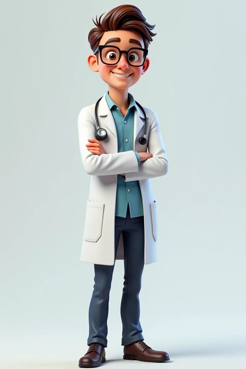 Create a 3D realistic character of a young male doctor with glasses. He is standing tall and confidently, exuding a friendly and cheerful demeanor. The doctor is wearing a white coat with a stethoscope around his neck. His expression is warm and welcoming, as if he is greeting or addressing someone with a smile