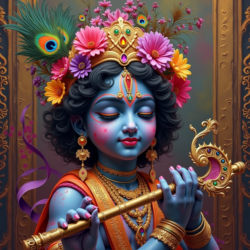 Create an intricate, hyper-realistic image of Lord Krishna playing the flute, surrounded by vibrant colors. Krishna's skin is a deep, mystical blue adorned with splashes of vibrant colors like pinks, purples, yellows, and greens, reminiscent of the Holi festival. He is adorned with golden jewelry, a rich crown embellished with peacock feathers, and flowers of varying hues. His eyes are closed in a serene expression, deeply connected to the divine music. The background should be intricately detailed, with a tapestry of ornate golden designs and a spectrum of colors that accentuate the divine and festive atmosphere. Focus on capturing the rich textures of Krishna's attire, the delicate design of his flute, and the overall divine and celebratory aura.