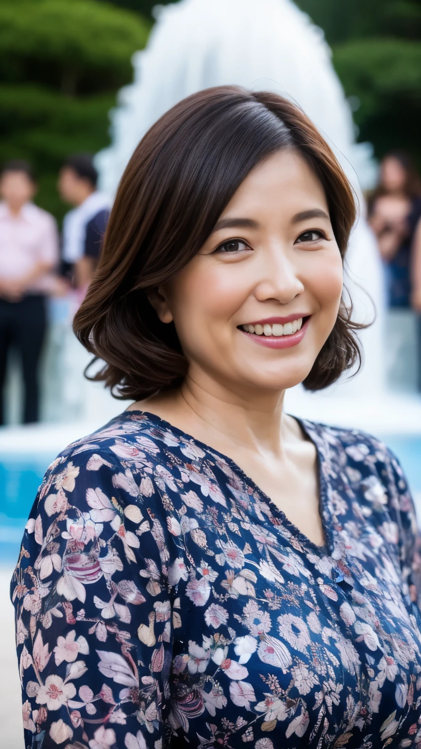 最high quality, In 8K, whole body, Real, Upper Body, high quality, High resolution, Detailed face, Detailed eyes, Thick lips, (Look at the viewers), alone, Middle-aged women, , 60 years old, , Wavy Hair, , Wearing short sleeves, Standing in front of a fountain, Wrinkles around the eyes, Smiling with teeth showing, Background Blur