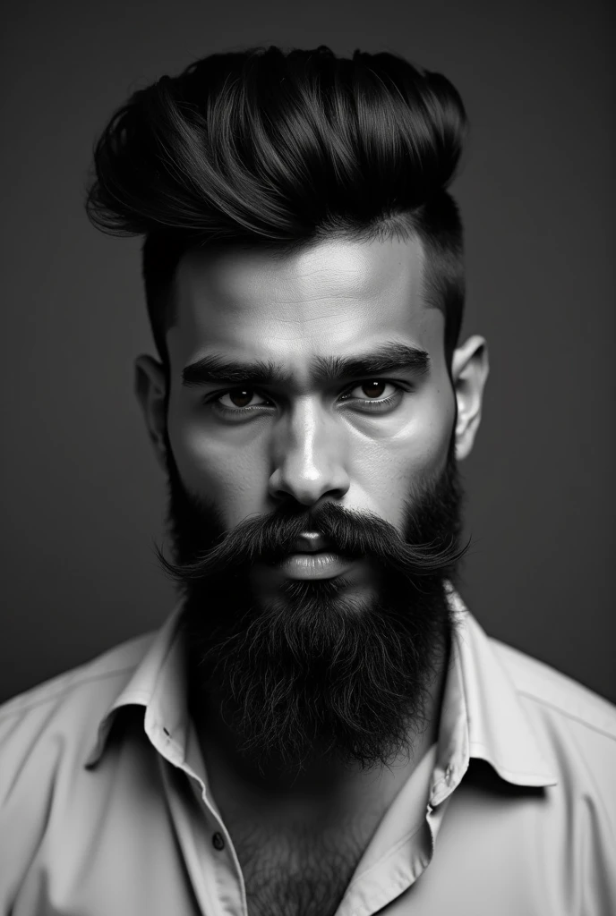 Indian man with good hairstyles and long beard in black and white with shirt