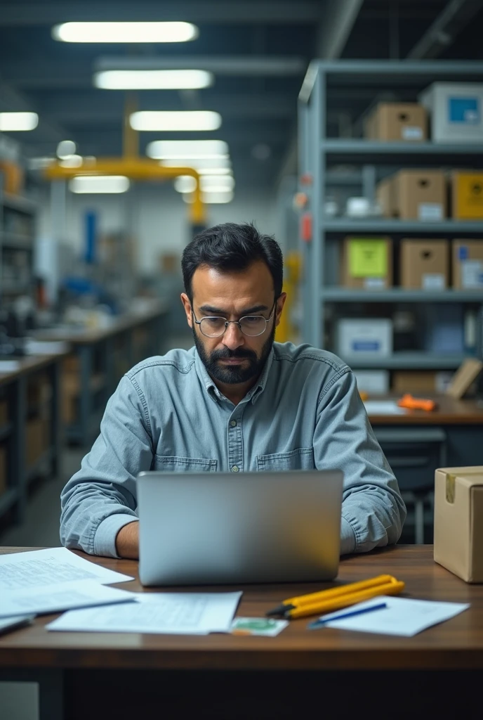 Electrical engineer
behind the desk
factory
Working
paper
euro pack
A laptop
Work clothes
He is a man
Series
Iranian
In germany
33 years old
Looking to the desk