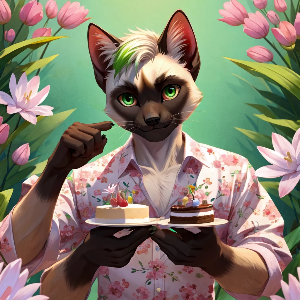 A Siamese cat, furry, male, green eyes, small claws with green tips, short white hair, simple contemporary clothes with a Lily flower print, smiling for the photo, while holding a small cake, decorated and eye-catching.