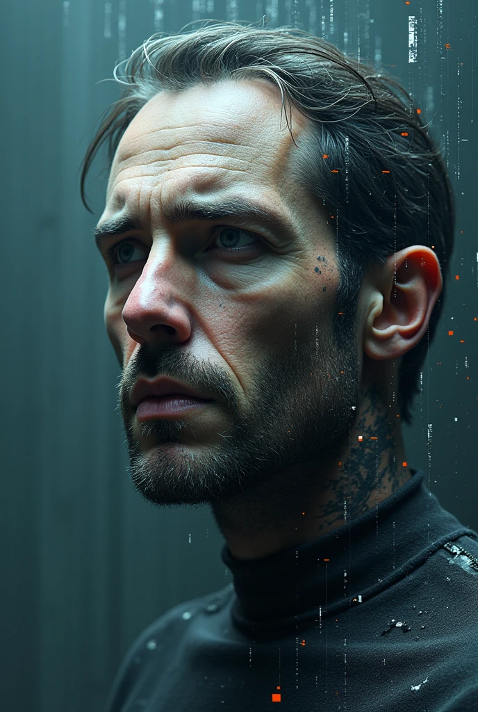 Image of a man face that start scattering nad that slowly swallowing by computer screen