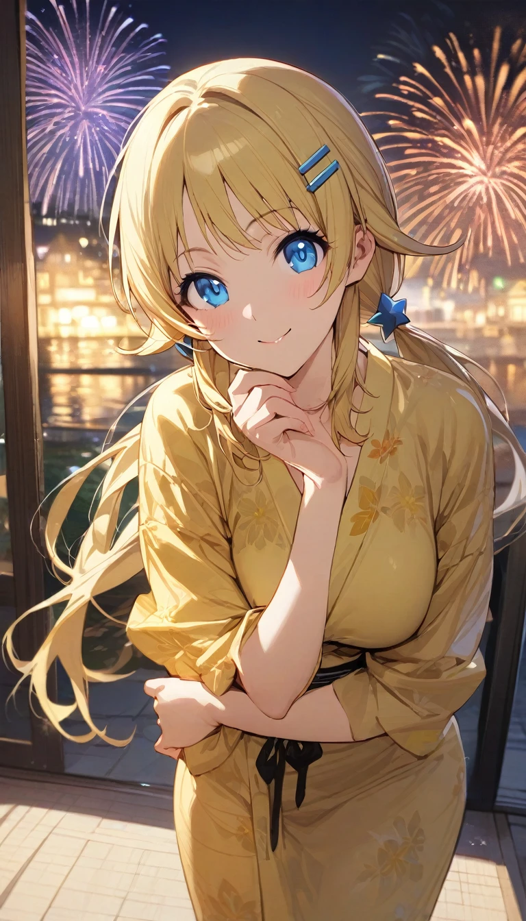 (masterpiece),(Highest quality),(Very detailed),(Best illustrations),(Best Shadow),(Absurd),(Detailed Background),(so beautiful),  Hachimiya Meguru, One girl, Blonde, alone, blue eyes, hair ornaments, smile, chest, Twin tails, Hair Clip, View your viewers, Long Hair, Yellow yukata, night, firework