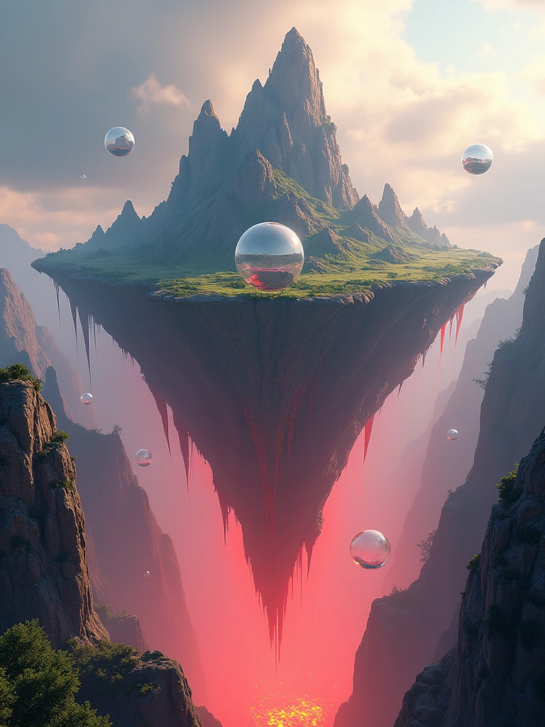 Masterpiece, best quality, high resolution, The bottom is a red flame mountain scene, suspended, with bubbles with the scene floating on top, transparent bottom, Game scene, 3D, C4D, OC rendering, image quality 4K,