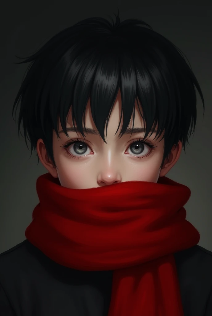 2d boy, black hair, gray eyes, white skin, dark background, red scarf face picture
