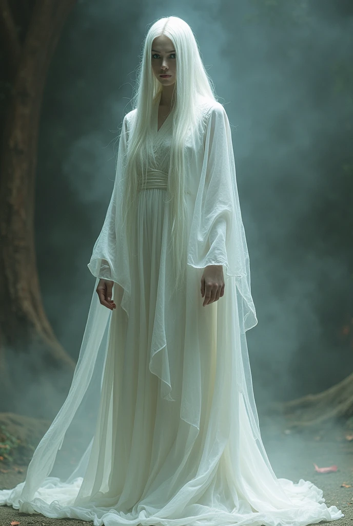Appearance of the Witch: A tall, ghostly woman dressed in a flowing white gown with long,