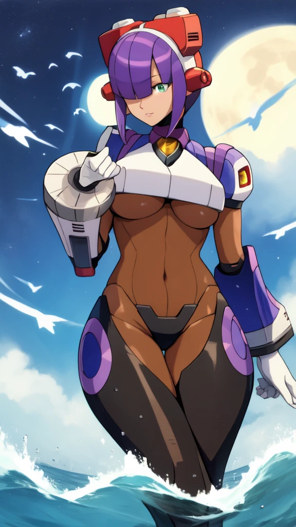 layer_megamanx, 1girl, solo, short hair, purple hair, green eyes, blunt bangs, hair over eyes, large breasts, dark skin, dark-skinned female, android, underboob, robot ears, high quality, masterpiece, surrounded by water and a small moon, in the style of vivid energy explosions, anime art, dark palette, sharp and angular, dragon art, 8k, whirring contrivances