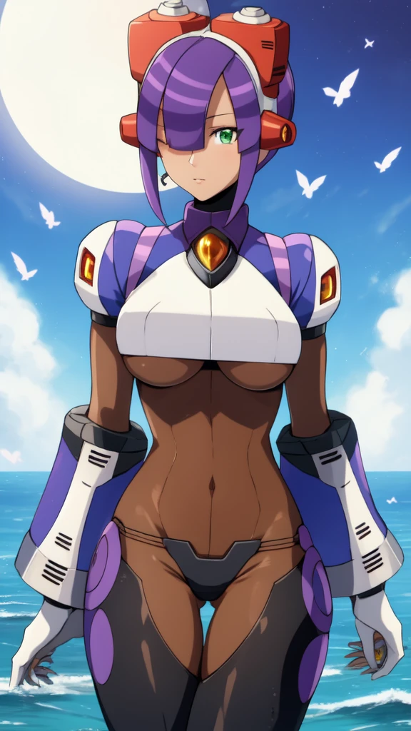 layer_megamanx, 1girl, solo, short hair, purple hair, green eyes, blunt bangs, hair over eyes, large breasts, dark skin, dark-skinned female, android, underboob, robot ears, high quality, masterpiece, surrounded by water and a small moon, in the style of vivid energy explosions, anime art, dark palette, sharp and angular, dragon art, 8k, whirring contrivances