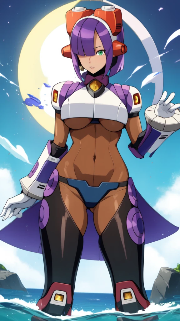 layer_megamanx, 1girl, solo, short hair, purple hair, green eyes, blunt bangs, hair over eyes, large breasts, dark skin, dark-skinned female, android, underboob, robot ears, high quality, masterpiece, surrounded by water and a small moon, in the style of vivid energy explosions, anime art, dark palette, sharp and angular, dragon art, 8k, whirring contrivances
