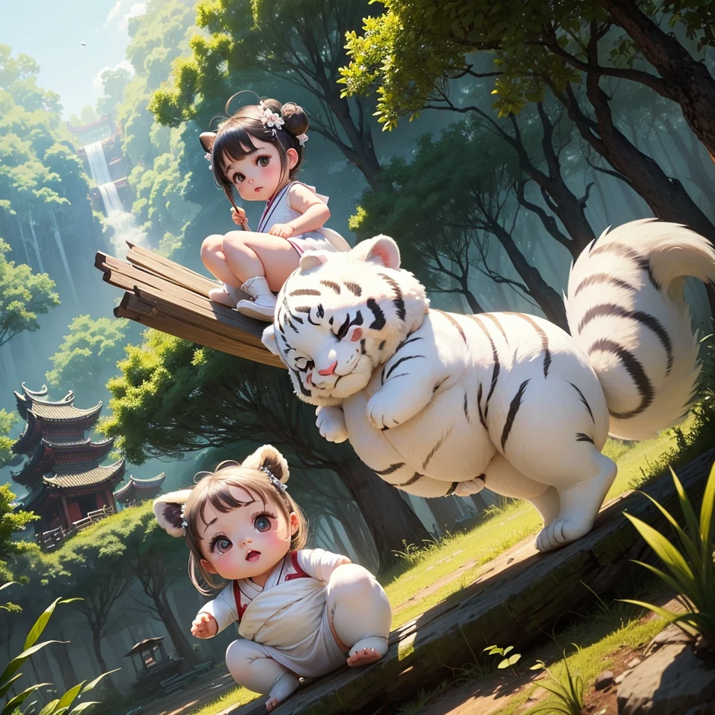 A chibi baby girl with two buns on her head and a white hanfu dress, as cute and chubby as a on a Chinese calendar,playing with the white tiger in the forest,two small bear, A hawk flies in the sky in the distance.