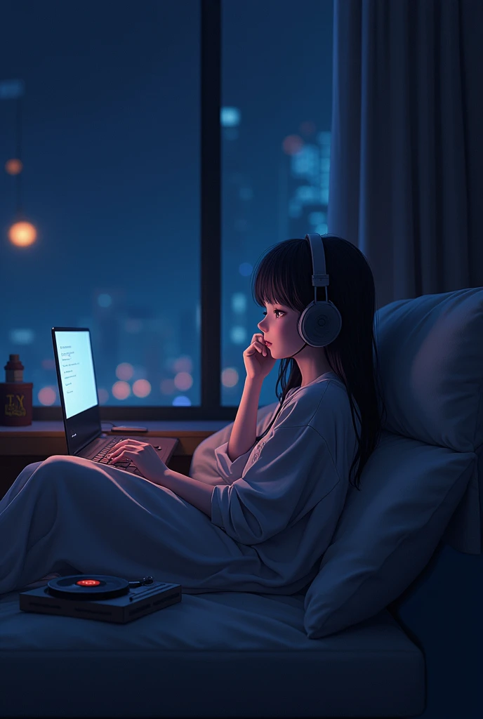 night、Girl listening to music on a cozy sofa, Use headphones, 2D Style Anime, Lo-Fi, hard disk, Dark Medium