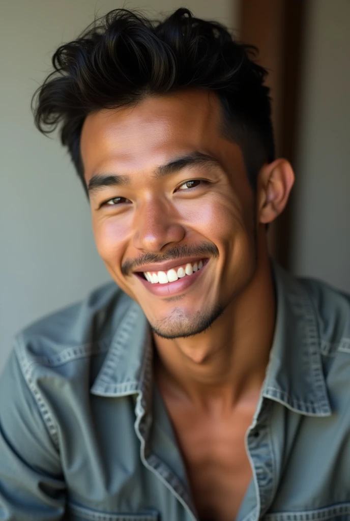 Very handsome thai man only half in casual clothing