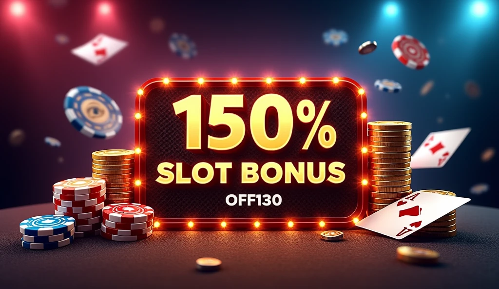 150% slot Bonus, casino games background, casino website promotion design, with coins, different types of text, english language