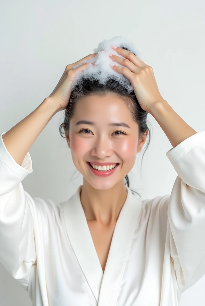 Create an Asian mature beauty,Wearing a white satin bathrobe,Double head scalp scratching,Washing hair with hands on top of head,There is a lot of foam on the head,Foam wrap head,Realistic foam,The expression is happy,Upper Body,The characters are realistic and realistic,Pure white background,Character front position,9:16 frames,Ultra-high-definition picture quality