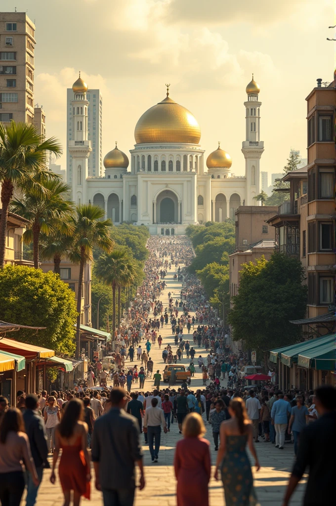 Abuja cityscape, include Abuja national mosque with gold dorm at distance view, Nigeria atmosphere, photo realistic, extremely detail building and people, daily life, city neighborhood, include Abuja style cafe and stores at a near distance, cinematic, lots of people, 8k photo, maximal