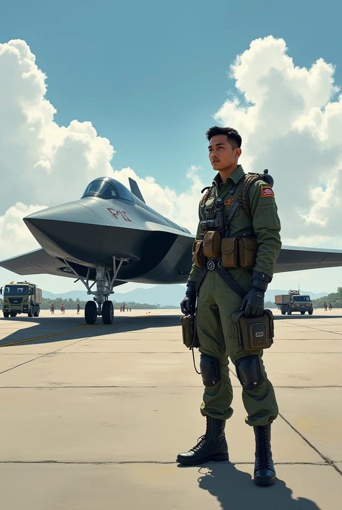 Create me a B-2 stealthbomber plane And a Filipino Pilot beside it But make it in a drawing State