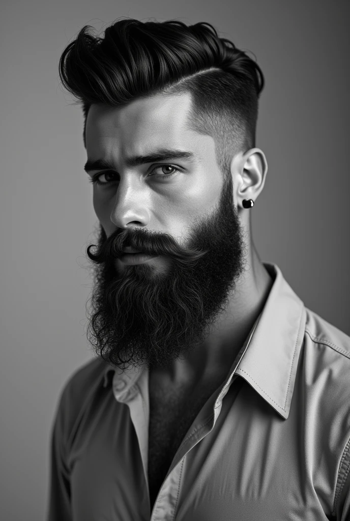 European man with good hairstyles and long beard in black and white with shirt