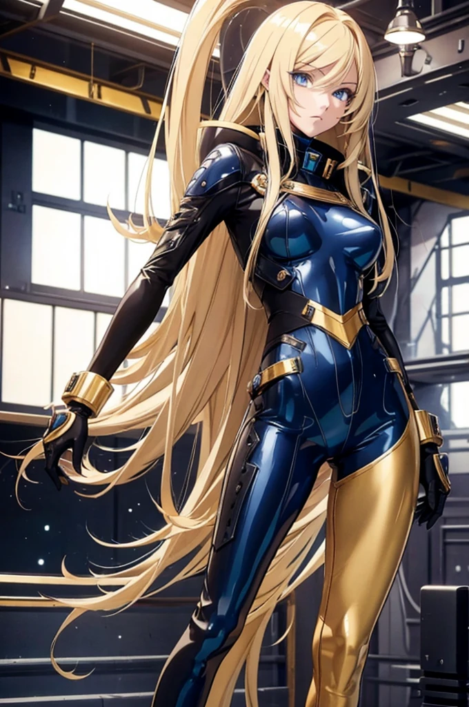 Anime style female character inspired by vintage space opera aesthetics, with elongated facial features, 165 cm tall, having blond, waist-length, wavy hair with V bangs, and blue eyes. She is wearing tight skinny jeans with high boots over them, adding an equestrian touch to her ensemble. The character's design reflects a blend of space opera elements and a realistic body proportion, highlighting her strong yet feminine presence.