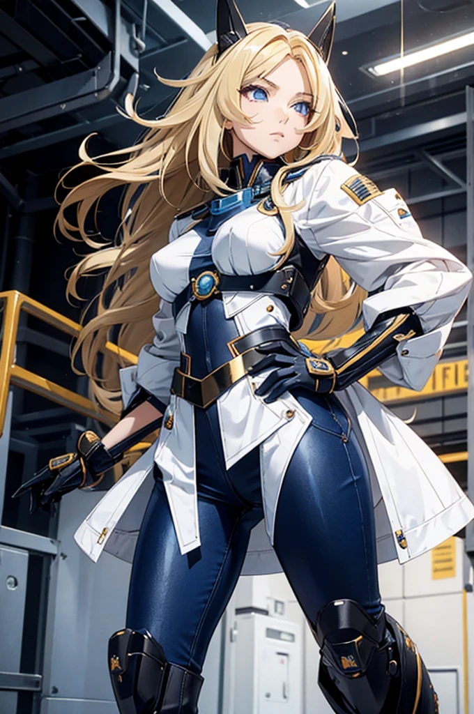 Anime style female character inspired by vintage space opera aesthetics, with elongated facial features, 165 cm tall, having blond, waist-length, wavy hair with V bangs, and blue eyes. She is wearing tight skinny jeans with high boots over them, adding an equestrian touch to her ensemble. The character's design reflects a blend of space opera elements and a realistic body proportion, highlighting her strong yet feminine presence.